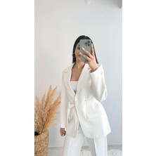 Premium Kalite Kemerli Astarlı Double Kalın Kumaş Blazer Ceket Beyaz