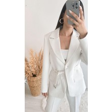 Premium Kalite Kemerli Astarlı Double Kalın Kumaş Blazer Ceket Beyaz