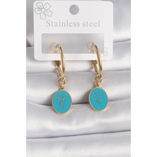 Ezo Concept 316L Çelik Gold Renk Halka Model Mavi Işlemeli Detay Kadın Küpe