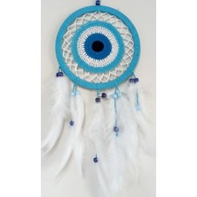 Ett Nazar Boncuğu Motifli Turkuaz Rengi Dream Catcher Beyaz Kuş Tüylü Düş Kapanı Duvar Süsü