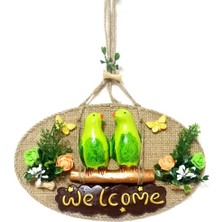 Ett Yeşil Kuşlu Welcome Yazılı El Yapımı Kapı Süsü