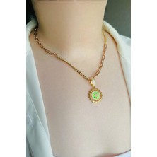 Yeşil Mineli Güneş Gold Klipsli Kolye Ucu & Ajda Bilezik Charm | 925 Ayar Gümüş