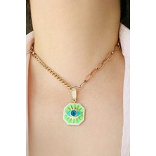 Yeşil Mineli Turkuaz Göz Gold Klipsli Kolye Ucu & Ajda Bilezik Charm | 925 Ayar Gümüş