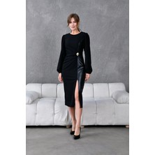 Metal Broş ve Deri Detaylı Sıfır Yaka Uzun Kollu Midi Boy Kadın Elbise 020