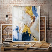 Harikabirev lacivert-Gold Tüy-Soyut Sol |çerçeveli Temperli Cam Tablo Tekli Dikey