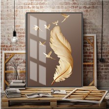 Harikabirev sevilen Krem Gold Kuş Tüyü |çerçeveli Temperli Cam Tablo Tekli Dikey
