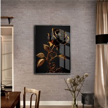 Harikabirev çiçek Tablosu Soyut Çiçek Gold Siyah 02|çerçeveli Temperli Cam Tablo Tekli Dikey