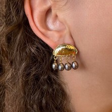 Jewstone Accessories Altın Kaplama Bulut Model Siyah Inci Küpe