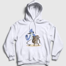 Presmono Unisex Beyaz Mordecai And Rigby Regular Show Kapüşonlu Sweatshirt