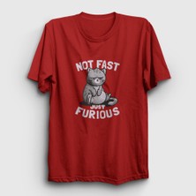 Presmono Unisex Kırmızı Not Fast Just Furious Cat Kedili T-Shirt