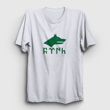 Presmono  Beyaz Göktürk Bayrağı Türk Yazılı Kurt Bozkurt T-Shirt