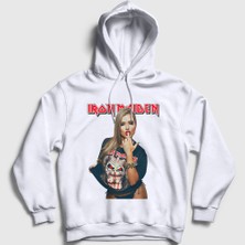 Presmono Unisex Beyaz Finger Metal Müzik Iron Maiden Kapüşonlu Sweatshirt