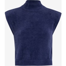 Fabrika Dik Yaka Crop Düz Lacivert Kazak Kadın F4WL-KZK0391