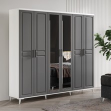 GuneyStore Ücretsiz Montaj - %100 MDF Sport 6 Kapaklı Antrasit Beyaz Aynalı Gardırop - MDF Dolap - Elbise Dolabı