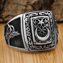 Takıhan Ay Yıldız Tasarımlı Osmanlı Arma ve Tuğra Motifli Gümüş Yüzük