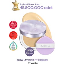 MISSHA Yoğun Kapatıcı, Nemli ve Parlak Bitişli Cushion Glow Layering Fit Cushion No21 Vanilla SPF50+/PA++++