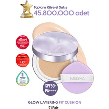 Yoğun Kapatıcı, Nemli ve Parlak Bitişli Cushion Glow Layering Fit Cushion SPF50+/PA++++ No.21 Fair