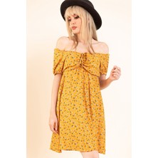 AQE FASHION Kadın Hardal Önü Büzgülü Beli Lastikli Elbise