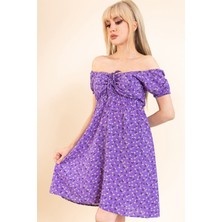 AQE FASHION Kadın Lila Önü Büzgülü Beli Lastikli Elbise