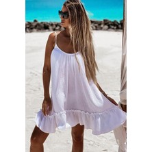 AQE FASHION Kadın Pileli Spageti Askılı Beyaz Elbise