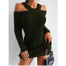 AQE FASHION Kadın Omuzu Açık Uzun Kollu Midi Boy Tam Kalıp Haki Triko Elbise