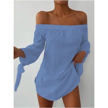 AQE FASHION Kadın Madonna Yaka Kol Detaylı Bebe Mavisi Bluz