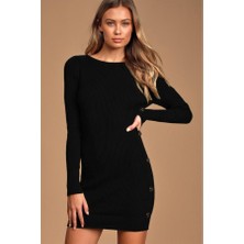 AQE FASHION Kadın Geniş Yaka Uzun Kol Yandan Düğme Detaylı Siyah Triko Elbise