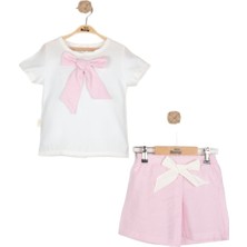 Bebegen Kız Çocuk Ekru Pembe Fiyonklu Şortlu 2'li Takım