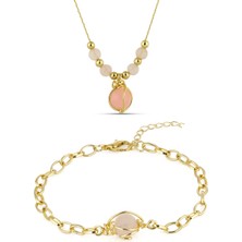 Forentina Bayan Altın Kaplama Pembe Taşlı Kolye Bileklik Takı Seti PS3710