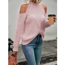 Kadın Balıkçı Yaka Omuzu Açık Selanik Saç Örgü Detaylı Pudra Triko Kazak