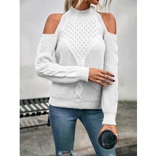 Kadın Balıkçı Yaka Omuzu Açık Selanik Saç Örgü Detaylı Beyaz Triko Kazak