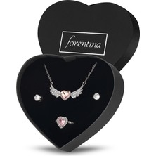 Forentina Çelik Kalpli Melek Kolye Küpe Yüzük Kalpli Kutuda Hediye Set PS3678