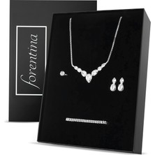 Forentina Gümüş Kaplama Taşlı Kolye Küpe Bileklik Yüzük Düğün Seti PS3712