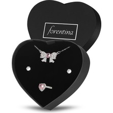 Forentina Çelik Kurdela Kolye Küpe Yüzük Kalpli Kutuda Hediye Set PS3677