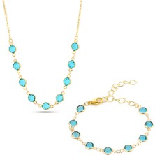 Forentina Altın Kaplama Turkuaz Yuvarlak Taşlı Kolye Bileklik Takı Seti PS3639