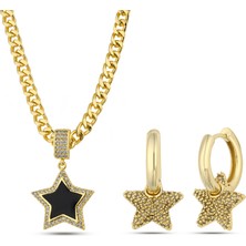 Forentina Altın Kaplama Zirkon Taşlı Yıldız Kolye Küpe Hediye Set PS3596