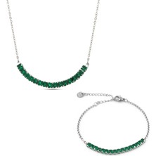 Forentina Bayan Yeşil Taşlı Kolye Bileklik Çelik Takı Seti PS3613