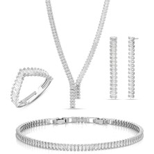 Forentina Gümüş Kaplama Baget Kolye Küpe Bileklik Yüzük Takı Seti PS3440