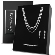 Forentina Gümüş Kaplama 3 Sıra Taşlı Kolye Küpe Bileklik Düğün Seti PS3623