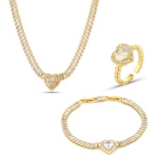 Forentina Bayan Taşlı Gold Kalp Kolye Bileklik Yüzük Takı Seti PS3619