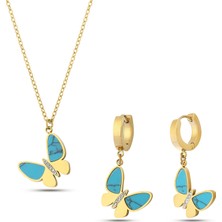 Forentina Bayan Kelebek Kolye Küpe Çelik Takı Seti PS3617