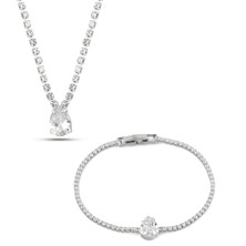 Forentina Gümüş Kaplama Damla Taşlı Kolye Bileklik Takı Seti PS3606