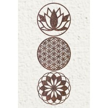 UNT Bakır Kabartma Desenli  Ahşap Lotus Çiçeği Yaşam Çiçeği, Mandala  Üçlü Tablo Seti Duvar Süsü