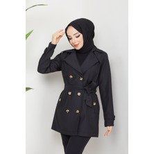 Kadın Degaje Kuşaklı Yarım Boy Astarlı Uzun Kollu Döğmeli Trençkot