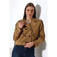 Kadın Astarlı Kemerli Cepli Su Itici Kumaş Crop Trençkot