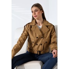 Kadın Astarlı Kemerli Cepli Su Itici Kumaş Crop Trençkot