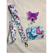 Mor Kelebek ve Çiçekler Boyun Askısı Yoyo ve Kartlık Set