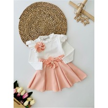 Miniğimin Cicileri Çiçek Detaylı Kız Çocuk Etekli takım - Somon