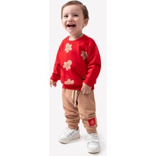 Miniğimin Cicileri (6-18 Ay) Bisküvi Baskılı Yeni Yıl Şardonsuz Üç Ip Erkek bebek takım - Kırmızı-Camel