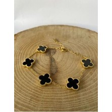 Van Cleef Model 5'li Siyah Yonca Çelik Bileklik - Altın Rengi